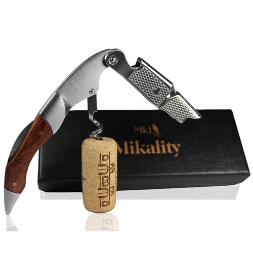 MIKALITY Sacacorchos Profesional, Abridor De Vino, Sacacorchos Manual De Camarero, De Acero Inoxidable y Madera, Abridor De Botellas,Regalo Original Hombre