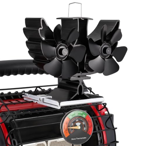 XTIMES 12 Blade Wood Stove Fan Dual Motor Heat Powered Fireplace Fan with Magnetic Thermometer Thermoelectric Fan for Wood Burning Stove/Pellet/Log Burner (Black)