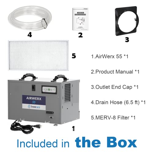 Baseaire Airwerx55 Dehumidifier For Crawl Space Basement,120 Pints Commercial Dehumidifier With Continuous Drain Hose, 5 Years Warranty, Intelligent Humidity Control, Auto Shut Off/Restart #TOP6