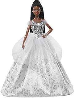 Barbie Signature 2021 Holiday Barbie Doll (12-inch, Brunette Braided Hair) in Silver Gown, with Doll Stand and Certificate of Authenticity, Gift for 6 Year Olds and Up
