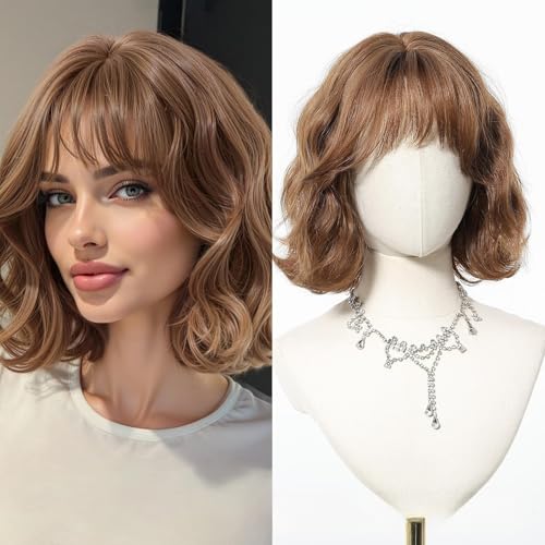 Novastel Short Brown Wavy Wig with Bangs for Women Light