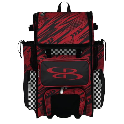 Boombah Rolling Superpack Baseball/Softball Gear Bag - Telescopic Handle - Holds 4 Bats - Wheeled Version - Victory Lap Red/Black/White