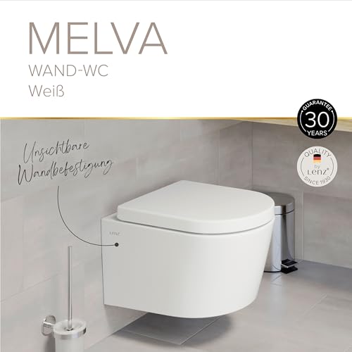 Lenz Spülrandloses Wand-WC MELVA in D-Form – Hygienisch, geruchsarm & leicht zu reinigen – Superglatte KeepClean-Oberfläche – Einfache Montage mit Help Fix – Tiefspüler, Weiß, 41030161