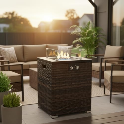 22 Inch Propane Fire Pit Table, Square Patio 50000 BTU, Wicker, Dark Brown