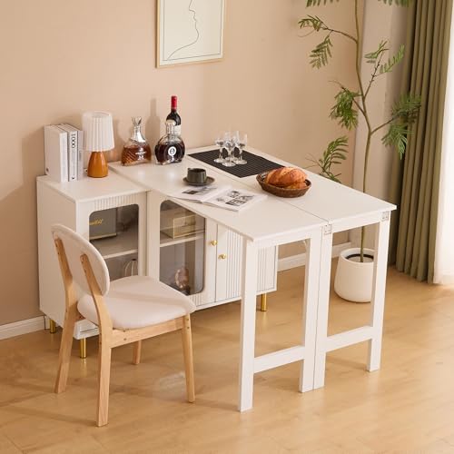Merax Mesa de bar extensible con espacio de almacenamiento, aparador de buffet con mesa extensible plegable, mesa auxiliar, mesa alta de bistró, encimera de cocina, color blanco, 122-238 x 80 x 82 cm