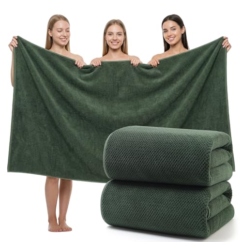 Image of REDKISS 2 Pack Jumbo Bath Sheet, 100 x 200cm Microfibre Oversized Bath Towel for Bathroom, Extra Large & Soft, Quick-Dry & Absorbent Shower Towel Set, Perfect to Wrap Yourself in, Olive Green