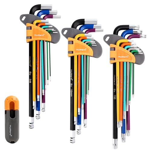 MULWARK 28 PCS Allen Key Set, Long Arm Ball End Hex Key Wrench Set with T-Handle | SAE 1/16–3/8, Metric 1.5–10mm, Torx T10–T50 | S2 Steel Allen Wrenches Set by MULWARK - Used condition - US$29.69