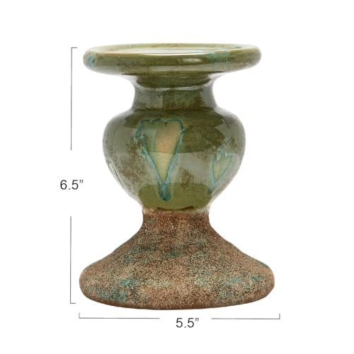 Image of Creative Co-Op 2-Tone Sculptural Terracotta Pillar Candle Holder, Distressed Green