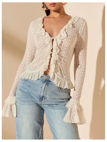 GORGLITTER Women's Tie Front Bell Sleeve Lace Tops Ruffle Mesh Vintage Shirts4