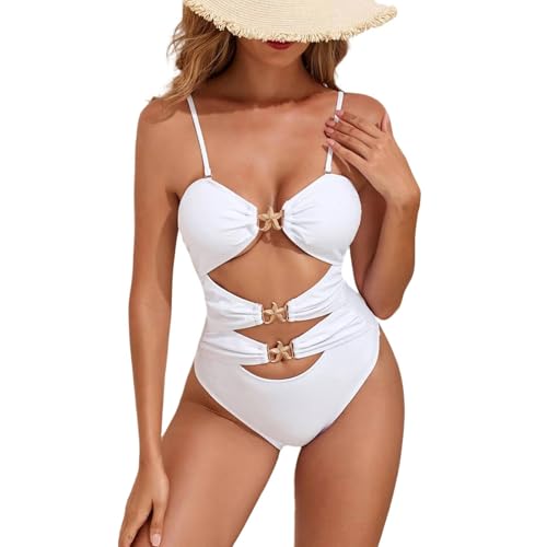 QUNPIU Women's Sexy Cutout One Piece Swimsuit Starfish Decor Bathing Suit for Beach Vacation White