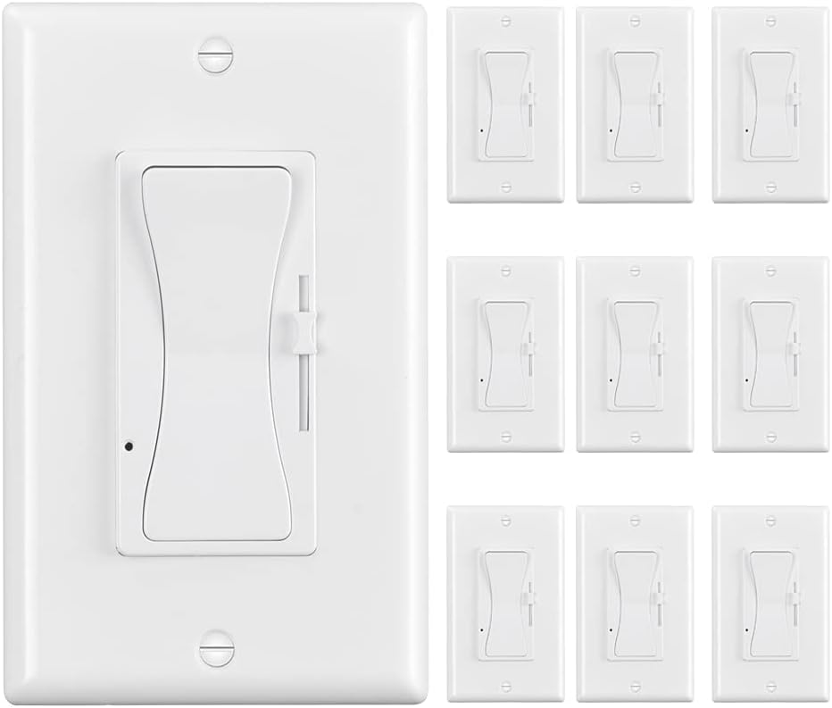 0-10V LED Dimmer Switch, Low Voltage Dimmer Switch for Dimmable LED Lights, CFL, Halogen and Incandescent Bulbs, Single-Pole or 3-Way, Wallplate Included, ETL Listed (White, 10 Pack)