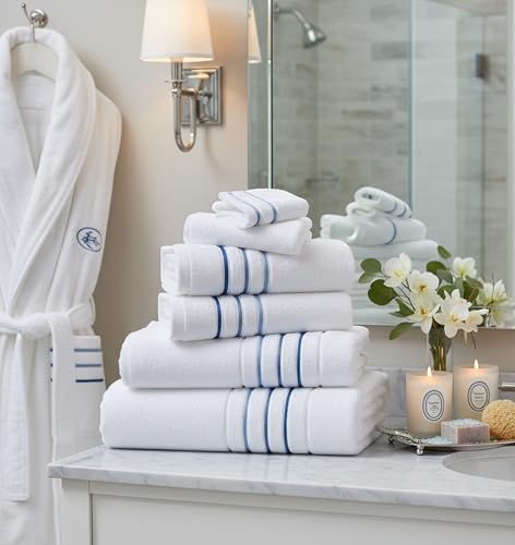 Le fil blanc Bath Towels Set for Bathroom – Luxury 6-Piece Cotton Towels, Soft Absorbent & Quick Dry, 600 GSM Bath Towels for Bathroom, Hotel Spa Quality (White/Blue Azure, 6- Bath Towel Set) by Le fil blanc - Used condition - Image 5