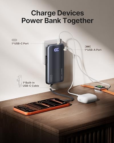 INIU Portable Charger, Ultra Slim 45W Fast Charging Power Bank with Built-in AC Wall Plug, 10000mAh GaN 3-in-1 Battery Pack for Flight-Safe Travel, for iPhone 17 16, Samsung S26, iPad etc, Black