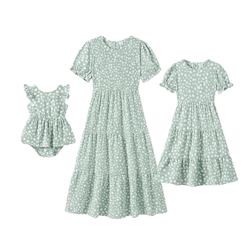 Image of IFFEI Mommy and Me Dresses Summer Casual Boho Matching Outfits Ruffle Puff Sleeve High Waist Midi Beach Maxi Dress