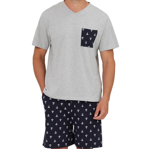 Keyocean Mens Pajama Set, Soft Cotton V-Neck Short-Sleeve T-Shirt & Shorts Summer PJ Set for Sleeping