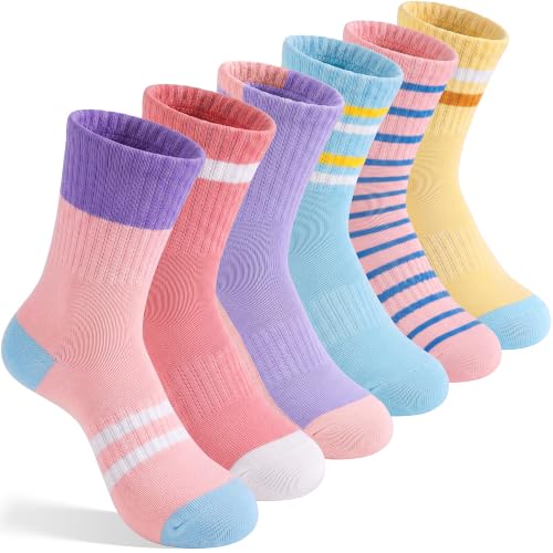 EBMORE Kids Athletic Sport Cotton Crew Socks for Girls Youth,Light,5-8 Y