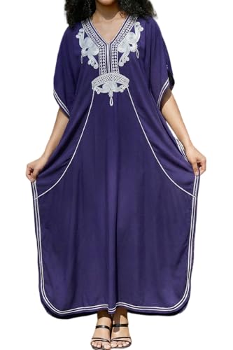 LikeJump Damskie stroje kąpielowe z kwiatowym haftem w stylu boho Kaftan Bikini Cover Ups Letnia sukienka plażowa Topy ciemnoniebieskie, Ciemnoniebieski, Rozmiar uniwersalny