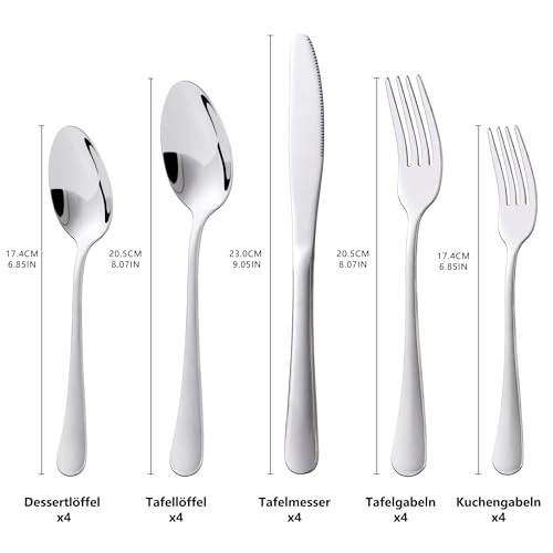 KitchenBoss Besteck Set Cutlery Set: 4 Personen Besteckset，Edelstahl Besteck，Essbesteck 20 Teilig Spülmaschinenfest Silber