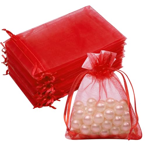 Image of 50PCS Red Organza Bags 3x4, Small Gift Bags for Women Jewelry Makeup Candy Soap Goodie, Cute Mesh Drawstring Pouches Mini Gift Wrap Bag for Wedding Mother's Day Birthday Party Favors Wrapping