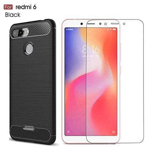 AWEHIRU Xiaomi Redmi 6 case,with Xiaomi Redmi 6 Screen Protector. MYLB (2 in 1)[Scratch Resistant Anti-Fall] Fashion Soft TPU Shockproof Case with Xiaomi Redmi 6 Glass Screen Protector (Black)