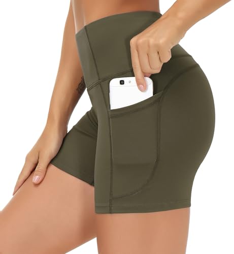 Image of THE GYM PEOPLE High Waist Yoga Shorts for Women's Tummy Control Fitness Athletic Workout Running Shorts with Deep Pockets