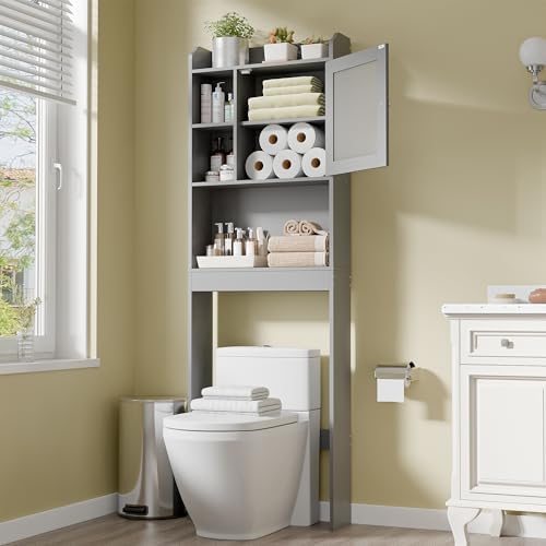 SUPER DEAL Over The Toilet Bathroom Storage Cabinet Freestanding Wooden Bathroom Organizer with Adjustable Shelves and Glass Door, Gray