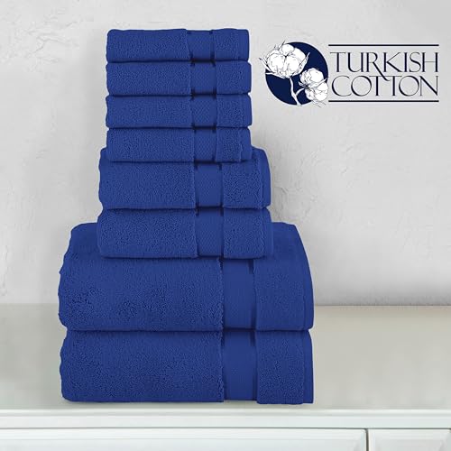 Image of Elegant Comfort Premium Cotton 8-Piece Towel Set, Includes 4 Washcloths, 2 Hand Towels and 2 Bath Towels, 100% Turkish Cotton - Highly Absorbent and Super Soft Towels for Bathroom, Royal Blue
