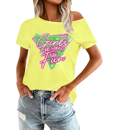 OCURHU 80s Outfits for Women Girls Just Wanna Have Fun Shirt Disco Theme Party Tee Tops Light Yellow L
