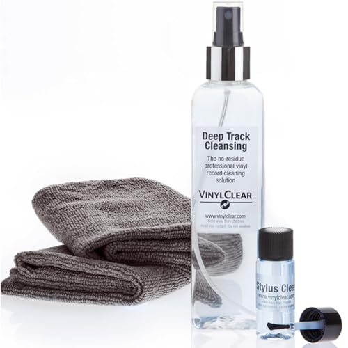 Vinyl LP Record Cleaner Kit - by Vinyl Clear. 250ml Professional Quality Cleaning Fluid, 2 Microfibre Cloths, Stylus Cleaning Fluid and Brush. Complete Record Maintenance Set.