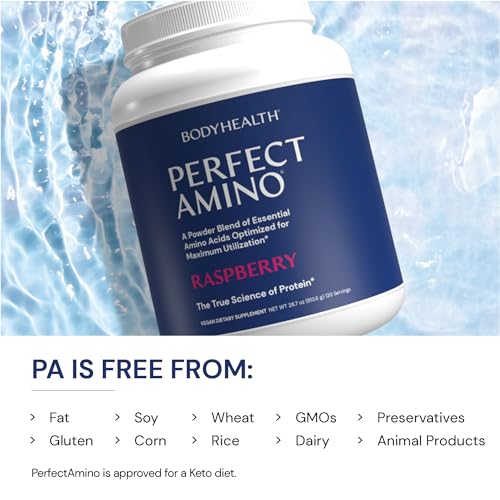 BodyHealth PerfectAmino Powder - BCAA and EAA Powder for Pre and Post Workout - Amino Acid Energy Drink Powder for Men and Women to Support Lean Muscle and Recovery - Raspberry - 120 Servings