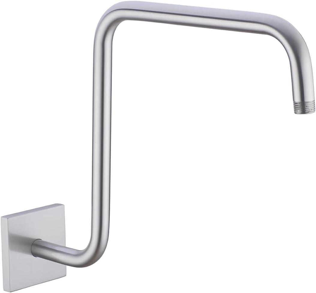 S Shape Shower Extension Arm with Flange, Stainless Steel High Rise Shower Head Extender Pipe 16 Inch Brushed Nickel,SW-91058-16BN-SQ.