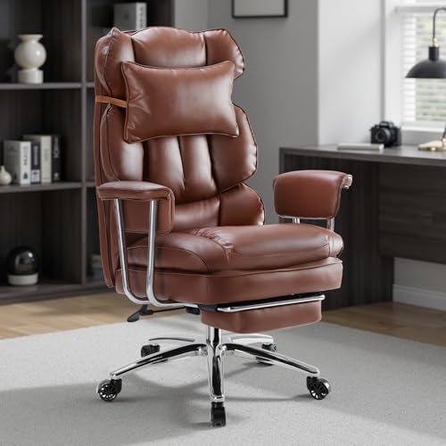 Image of Sweetcrispy Executive Home Office Desk Chair - Ergonomic Big Tall High Back with Footrest & Lumbar Support, Reclining Height Adjustable, Comfy PU Leather Computer Gaming with Swivel Wheels, Brown