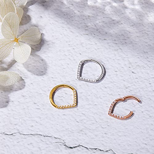 Missnity 16G 8Mm Septum Rings 316L Surgical Steel Hinged Nose Hoop Ring 16 Gauge Segment Septum Clicker Tear Drop Daith Earrings Body Piercing With Clear Cz, Silver #TOP1