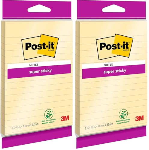 Post-it 703195 101 x 152 mm Super Sticky Lined Notes - Canary Yellow (Pack of 2)