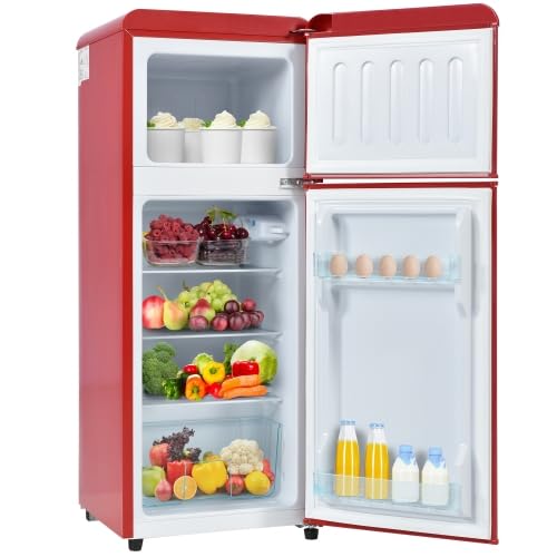 Frigorifero Retro 92L Doppia Porta, 28L Congelatore + 64L Frigo, Rosso | Classe D 116kWh/anno, 45dB silenzioso, 7 Temperature, LED, 105,5x41x45,5 cm, Rosso Vintage.