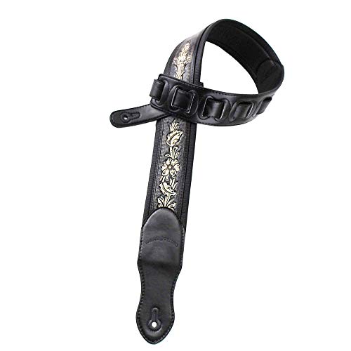 Walker And Williams Kb-02-Blk Handmade Distressed Black Carving Leather Padded Guitar Strap With Floral Skull & Christian Cross For Acoustic, Electric, And Bass Guitars #TOP1