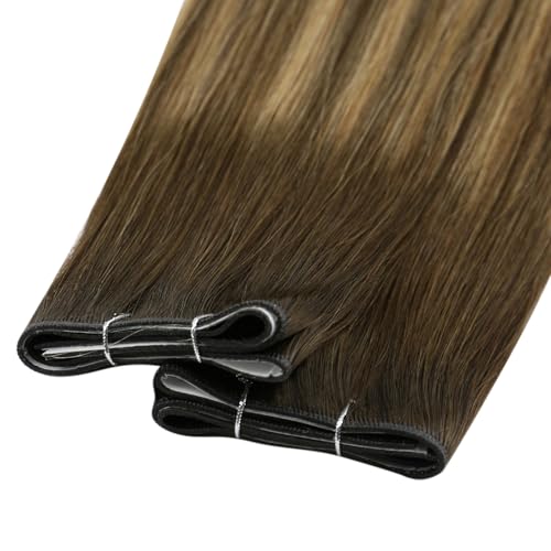 Image of Full Shine Tape Hair Extensions Real Human Hair Color 4 Medium Brown Ombre 24 Blonde And 4 Tape in Weft Hair Extensions Human Hair Remy Extension 50G One Piece Cuticles Aligned Natural 22Inch