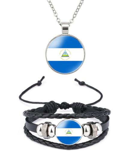 National Flag Metal Necklace and Alloy Leather Braided Rope Bracelet Bangle Set for Men Women