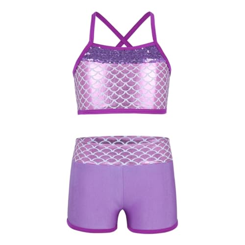 YEAHDOR Big Girls' 2 Pieces Gymnastics Dancing Outfits Crop Bra Top with Shorts Set Athletic Sports Actviewear Lavender Mermaid Scales 3-4 Years