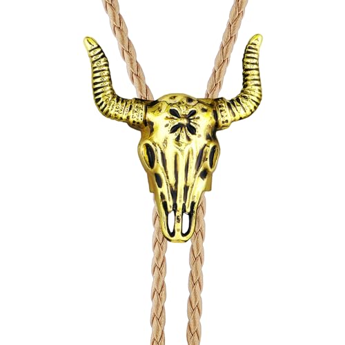 Image of GelConnie Longhorn Bull Bolo Tie for Men Native American Western Cowboy Leather Necktie Bolo Necklace for Women Gold Texas