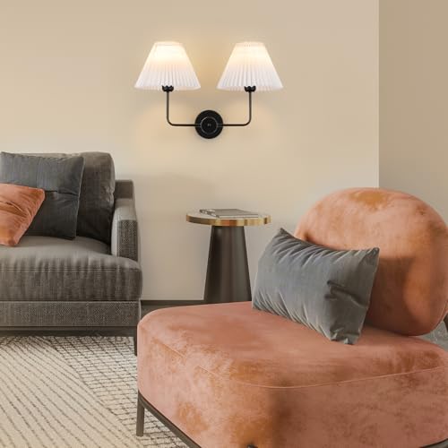 Image of Double Light Battery Operated Wireless Wall Sconces with White Pleated Fabric lampshade, 2-Light Antique Brass Sconce for Bathroom Vanity Hallway Stairway Living Room (Gold & Black)