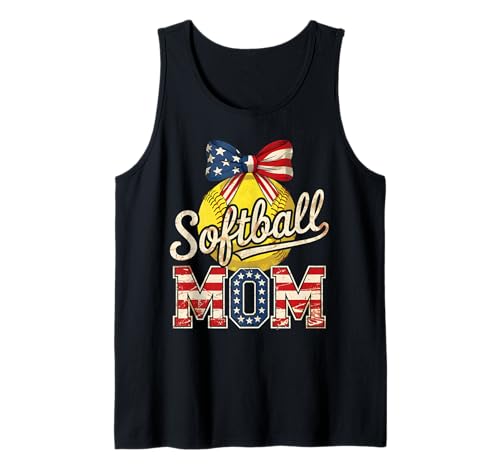 Softball Mom Coquette Bow Softball Mama USA Flag 4th of July Tank Top