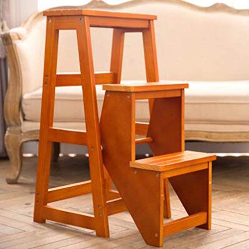 Wooden Step Stool,Solid Wood Stool Folding Chair Full Solid Staircase Suitable For The Kitchen Three Layers Multi Purpose Double Use Brown Stool #TOP13
