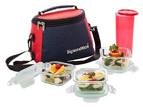 Signoraware Best High Borosilicate Bakeware Safe Glass Lunch Box Set with Bag, 4-Pieces, Transparent