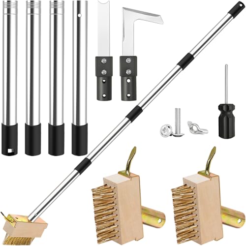 Grattoir à Joints et Brosse à Mauvaises Herbes avec Long Manche 160 cm, Kit de Nettoyage de Jardin avec 2 Têtes de Brosse et 2 Grattoirs en Métal pour Dalles, Pavés...