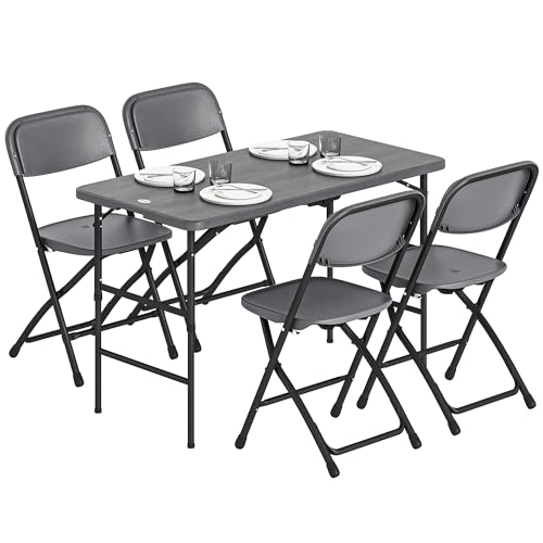Outsunny Salon de Jardin extérieur 4 Personnes, Table de Jardin extérieure avec 4 chaises Pliables, Table réglable en Hauteur, 118 cm, Plateau Effet Bois,...