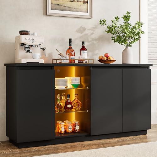 iPormis Sideboard Buffet Cabinet with Storage & LED Lights, Modern Credenza Sideboard With Doors and Adjustable Shelves, 60' Coffee Bar Table Storage Cabinet for Dining Room Kitchen Living Room, Black