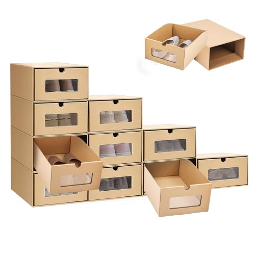 Youyijia 10PCS Shoe Storage Boxes Cardboard Shoe Boxes with Lids Shoe Containers Stackable Drawer Foldable Shoebox with Visible for Shoes File Dress or Toys Storage