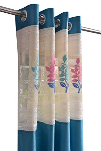 Image of LaVichitra 1 Piece Premium Window Curtain with Floral Net - 5ft, Aqua