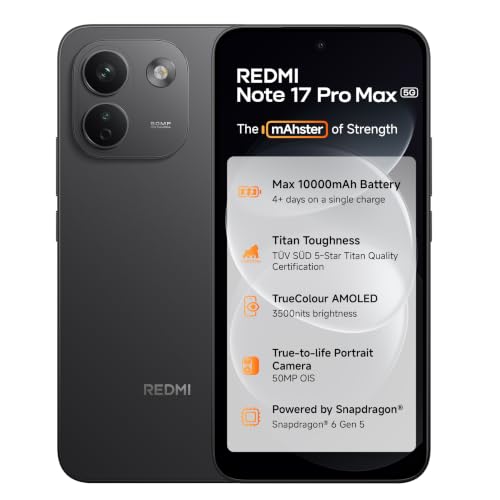 Image of Redmi Note 17 Pro Max 5G (Stealth Black, 12GB RAM, 256GB ROM) | 10000mAh Battery + 100W HyperCharge | 6.83 inch 120Hz 12-bit TrueColour AMOLED | No. 1 Care Plan | SD 6 Gen 5 | 50MP OIS Camera | IP69K